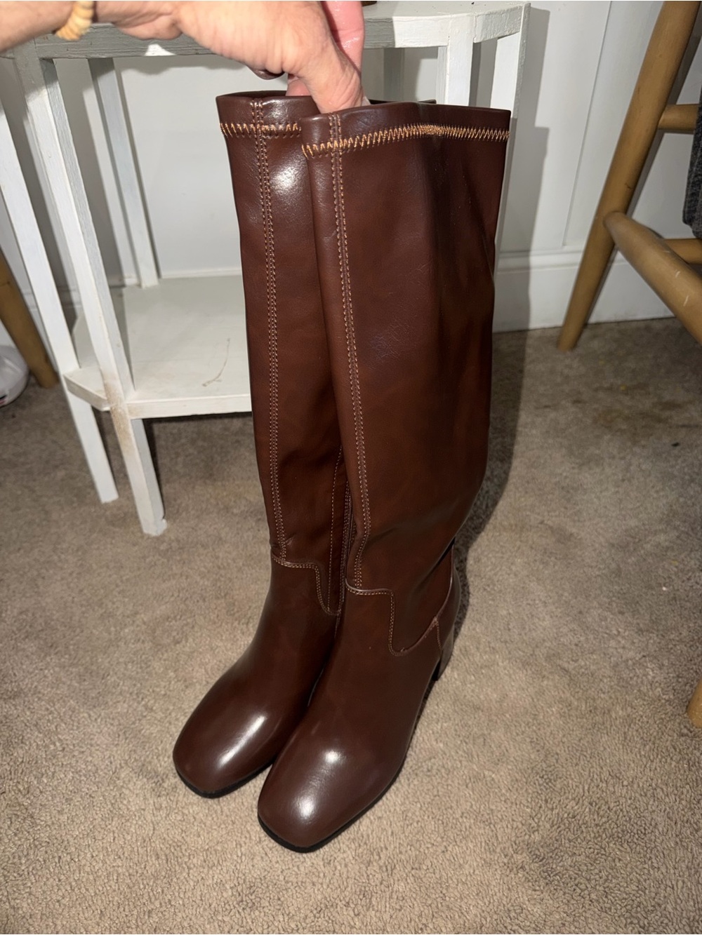 Women's Brown Mid-Calf Leather Block Heel Boots - Picture 6 of 6